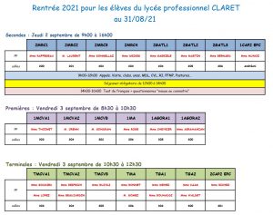 Emploi du temps rentrée scolaire 2021 2022 Lycée Professionnel Claret